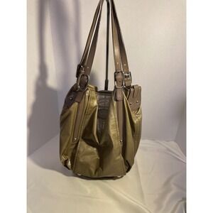 Tods Metallic Olive Green Coated Canvas Leather Trim Shoulder Bag Tote Italy